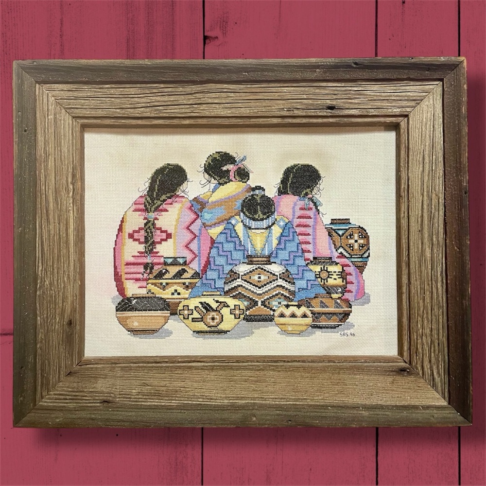 VTG 1996 Cross Stitch Native American Women & Pottery Antique Barn Board Frame